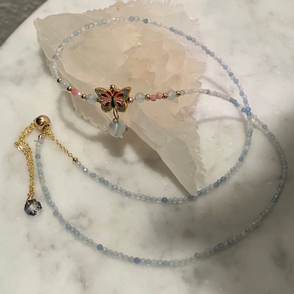 Aquamarine Pink Opal Adjustable Bracelet & Necklace Butterfly Charm - NWOT - Picture 9 of 14